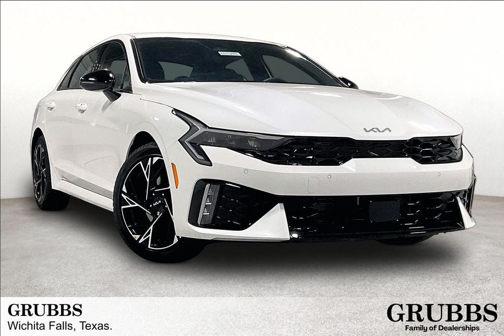 2026 Kia K5 GT-Line in Snow White Pearl — front three-quarter view