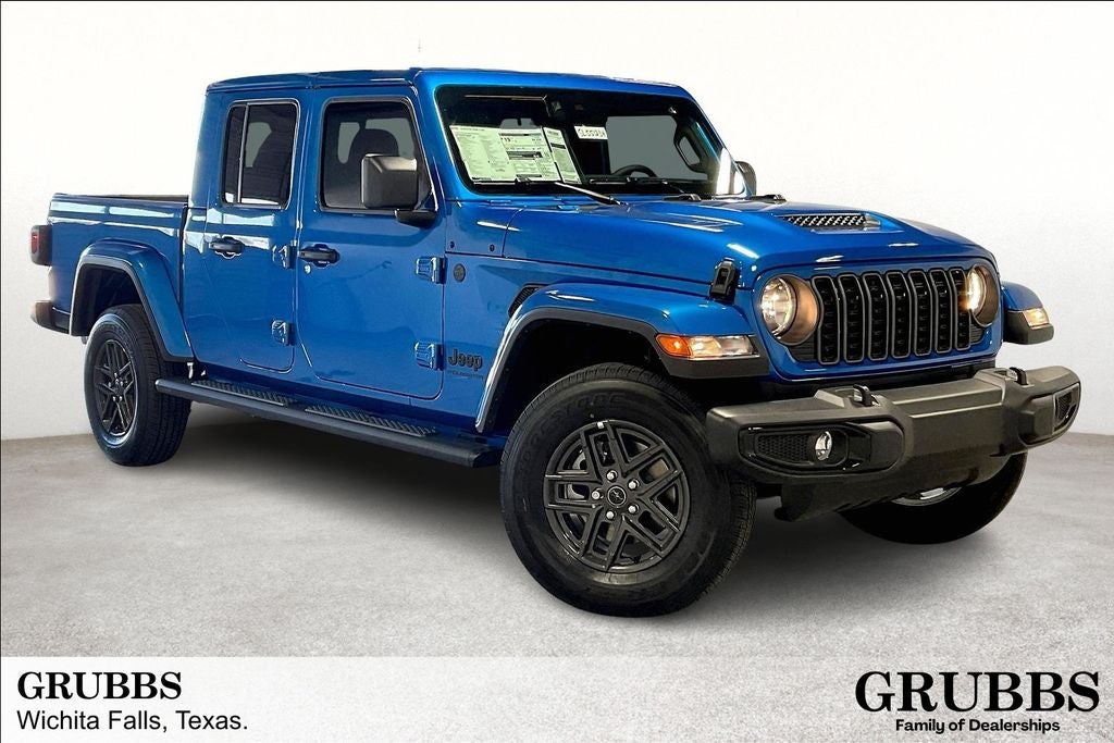 2025 Jeep Gladiator GLADIATOR SPORT S 4X4 in Hydro Blue Pearl-Coat Exterior Paint — front three-quarter view