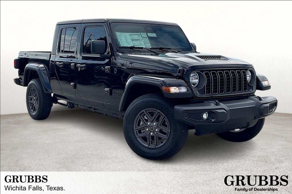 2025 Jeep Gladiator GLADIATOR SPORT S 4X4 in Black Clear-Coat Exterior Paint — front three-quarter view
