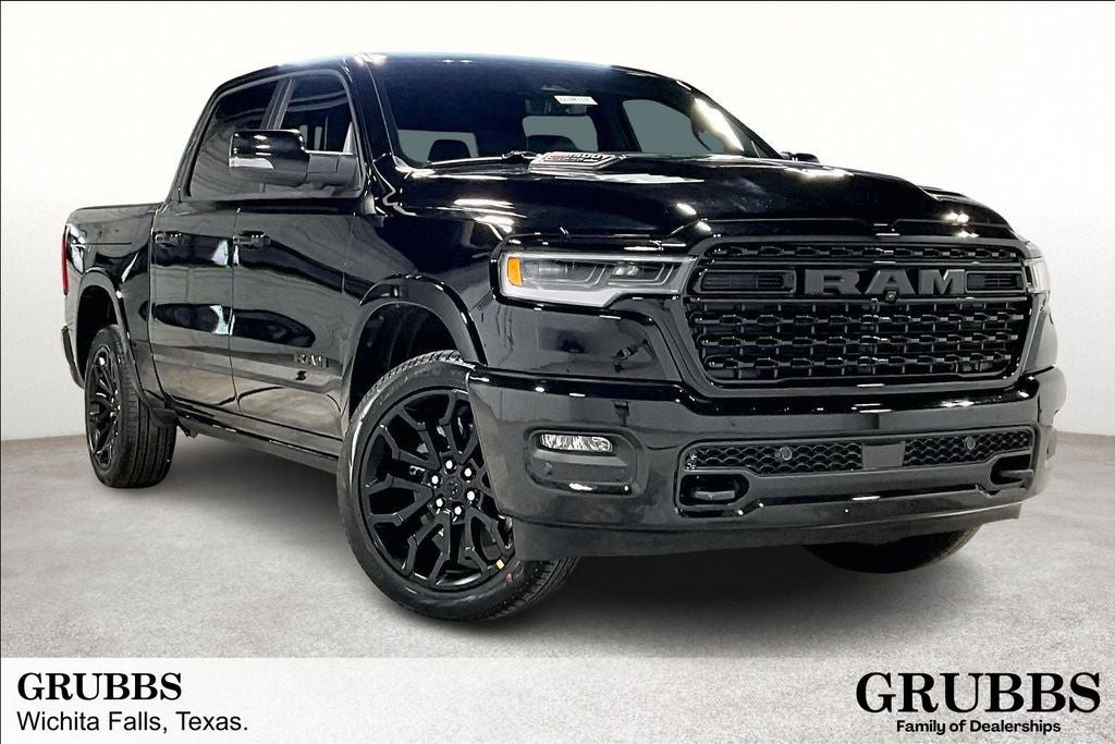2026 RAM Ram 1500 RAM 1500 LIMITED CREW CAB 4X4 5'7' BOX in Diamond Black Crystal Pearl-Coat Exterior Paint — front three-quarter view