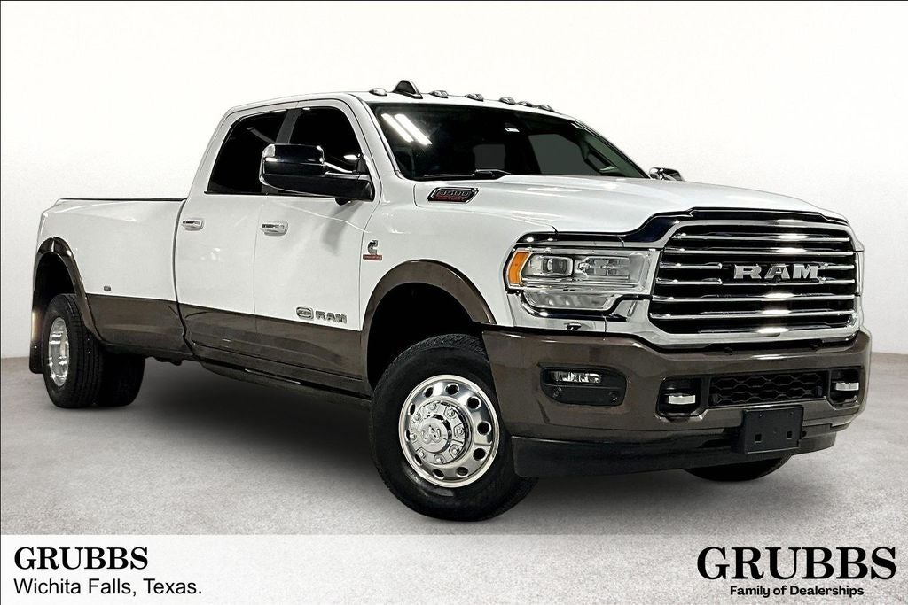 2020 RAM 3500 Laramie Longhorn in Bright White Clearcoat — front three-quarter view