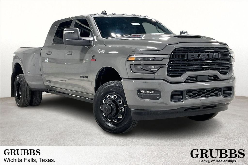 2026 RAM Ram 3500 RAM 3500 LARAMIE MEGA CAB 4X4 6'4' BOX in Ceramic Gray Clear-Coat Exterior Paint — front three-quarter view